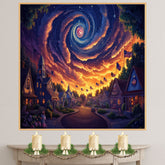 Magical 4th of July Village at Sunset with American Flags and Swirling Galaxy Sky, Glowing Homes and Patriotic Charm in a Dreamy Celebration of Freedom on Ready to Hang 1.5" Thick Canvas Wrap, Floating Framed Canvas, Flat Rolled Canvas